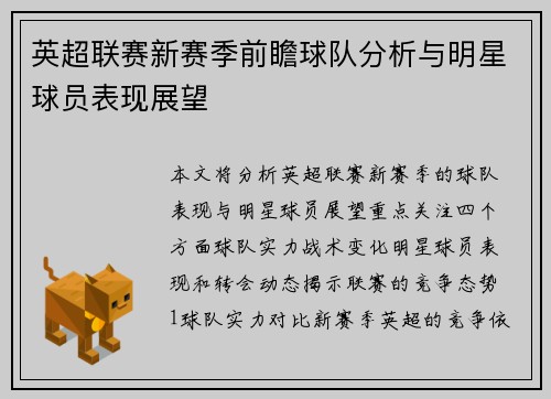 英超联赛新赛季前瞻球队分析与明星球员表现展望