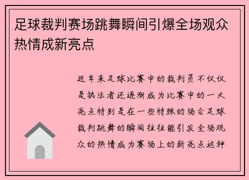 足球裁判赛场跳舞瞬间引爆全场观众热情成新亮点