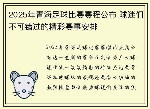 2025年青海足球比赛赛程公布 球迷们不可错过的精彩赛事安排