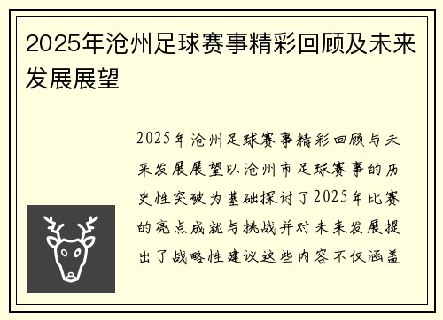 2025年沧州足球赛事精彩回顾及未来发展展望