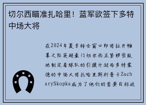 切尔西瞄准扎哈里！蓝军欲签下多特中场大将