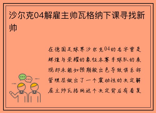 沙尔克04解雇主帅瓦格纳下课寻找新帅
