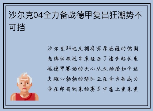 沙尔克04全力备战德甲复出狂潮势不可挡