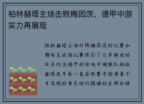 柏林赫塔主场击败梅因茨，德甲中游实力再展现