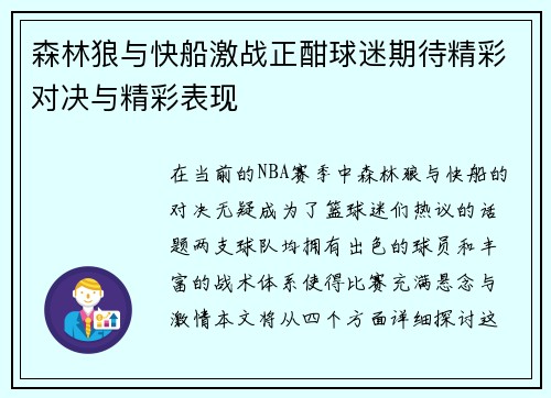森林狼与快船激战正酣球迷期待精彩对决与精彩表现