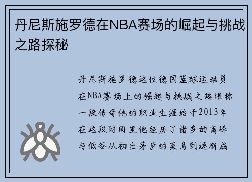 丹尼斯施罗德在NBA赛场的崛起与挑战之路探秘