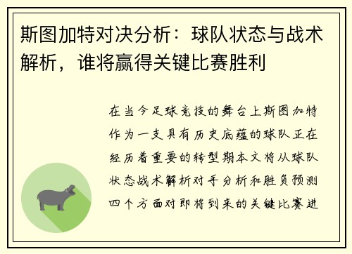 斯图加特对决分析：球队状态与战术解析，谁将赢得关键比赛胜利
