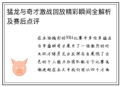 猛龙与奇才激战回放精彩瞬间全解析及赛后点评