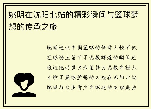 姚明在沈阳北站的精彩瞬间与篮球梦想的传承之旅