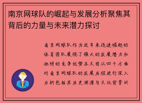 南京网球队的崛起与发展分析聚焦其背后的力量与未来潜力探讨