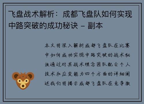 飞盘战术解析：成都飞盘队如何实现中路突破的成功秘诀 - 副本